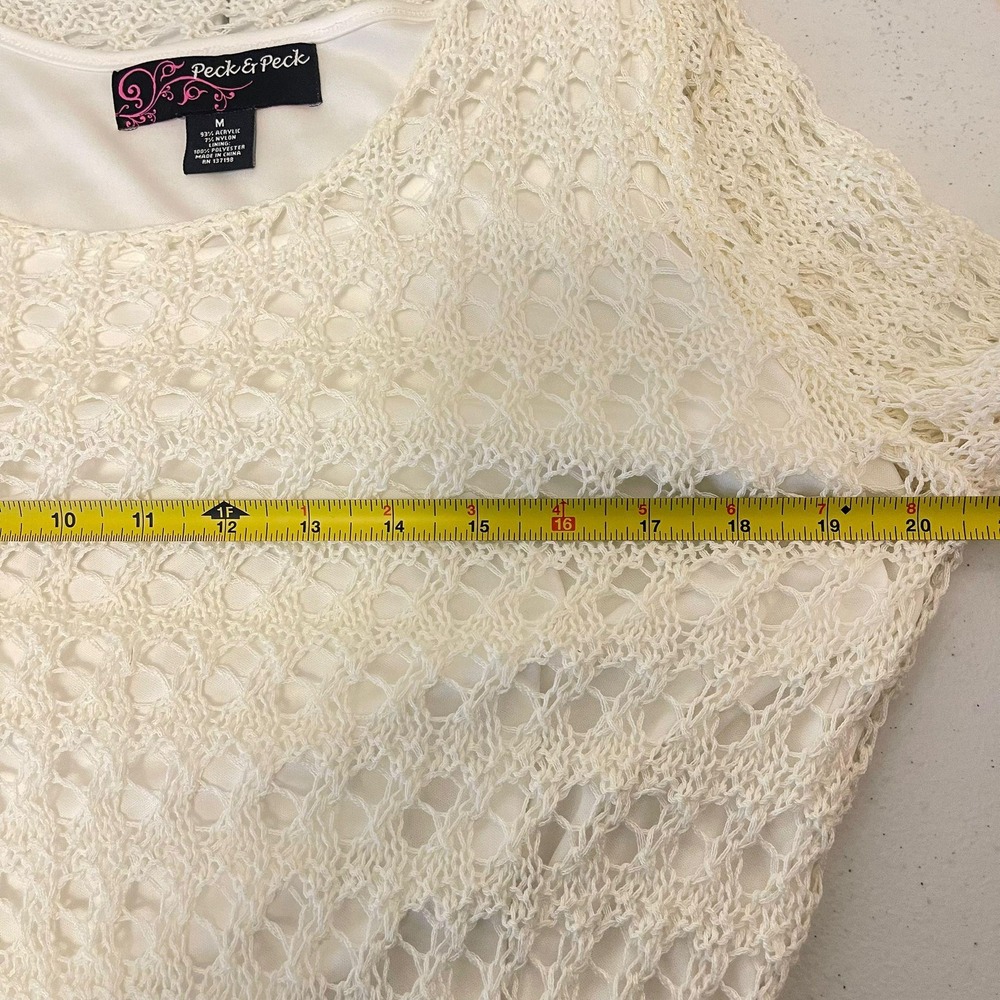 Peck & Peck Crochet Knit Long Sleeve Dress Cream White Sheer Overlay Size M - Picture 5 of 7